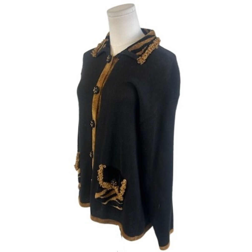 Victoria Harbour Cardigan Sweater Women's Size Large Black Y2K Tiger Trim